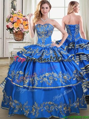 Blue Ball Gown Prom Dress Military Ball and Sweet 16 and Quinceanera and For with Beading and Embroidery and Ruffled Layers Sweetheart Sleeveless Lace Up