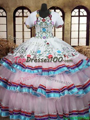 Admirable Straps Straps Sleeveless Organza and Taffeta Floor Length Lace Up Sweet 16 Dress in White for with Embroidery and Ruffled Layers