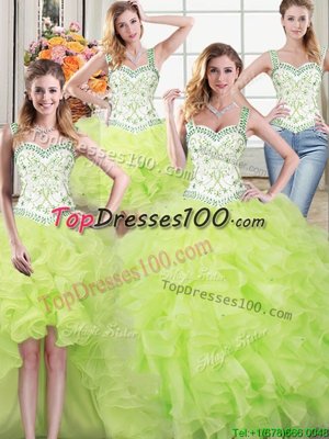 Four Piece Straps Straps Yellow Green Sleeveless Beading and Lace and Ruffles Floor Length Quince Ball Gowns