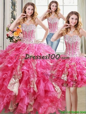 Three Piece Sleeveless Beading and Ruffles and Sequins Lace Up 15 Quinceanera Dress