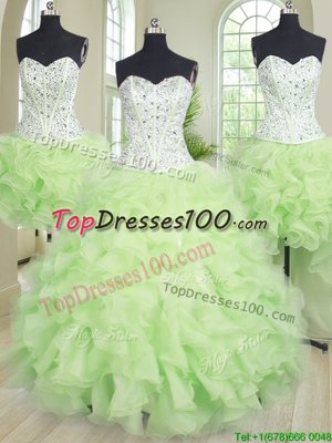 Affordable Four Piece Yellow Green Lace Up 15 Quinceanera Dress Beading and Ruffles Sleeveless Floor Length