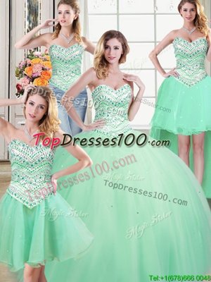 Four Piece Apple Green Tulle Lace Up Sweet 16 Quinceanera Dress Sleeveless Floor Length Beading