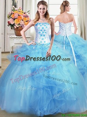 Suitable Tulle Strapless Sleeveless Lace Up Beading and Appliques and Ruffles Quinceanera Gowns in Light Blue