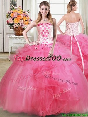 Hot Pink Sleeveless Tulle Lace Up Sweet 16 Dress for Military Ball and Sweet 16 and Quinceanera