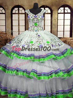 Pretty Three Piece Straps Sleeveless Quinceanera Gowns Floor Length Beading and Ruffles White Organza