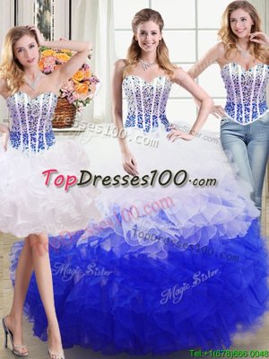 Three Piece White and Blue Organza Lace Up Sweetheart Sleeveless Floor Length 15th Birthday Dress Beading and Ruffles