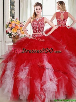 Luxury Scoop White and Red Zipper Quinceanera Gown Beading and Ruffles Sleeveless Floor Length