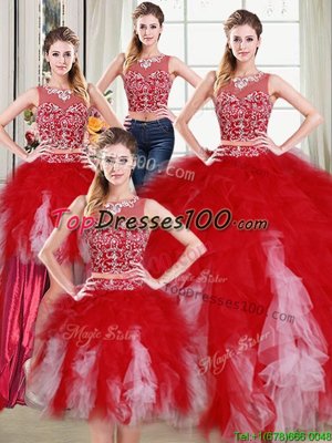 Spectacular Four Piece White and Red Two Pieces Scoop Sleeveless Tulle Floor Length Zipper Beading and Ruffles Sweet 16 Dresses