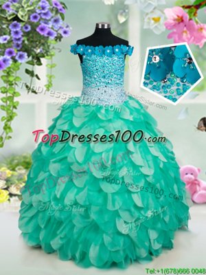 Luxurious Off The Shoulder Sleeveless Pageant Gowns For Girls Floor Length Beading and Appliques and Ruffles Turquoise Organza
