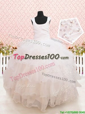 Charming Scoop White Lace Up Little Girl Pageant Dress Beading and Ruffled Layers and Sequins Sleeveless Floor Length