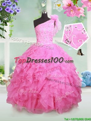Spectacular One Shoulder Sleeveless Lace Up Floor Length Beading and Ruffles and Hand Made Flower Child Pageant Dress