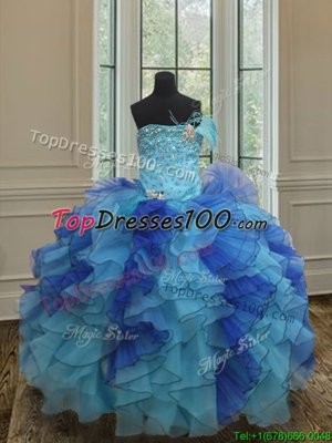 Super Blue Strapless Neckline Beading and Ruffles Little Girl Pageant Dress Sleeveless Lace Up