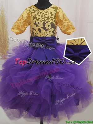 Decent Eggplant Purple and Gold Zipper Scoop Lace and Ruffles and Bowknot Flower Girl Dresses for Less Tulle Short Sleeves