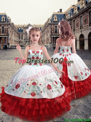 Fine White and Red Ball Gowns Organza Straps Sleeveless Embroidery and Ruffles Floor Length Lace Up Kids Pageant Dress