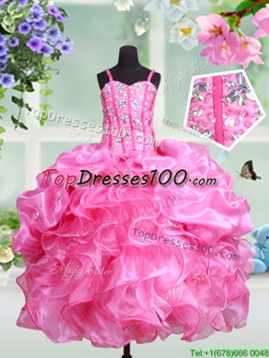 Most Popular Straps Sleeveless Juniors Party Dress Floor Length Beading and Ruffles and Pick Ups Rose Pink Organza