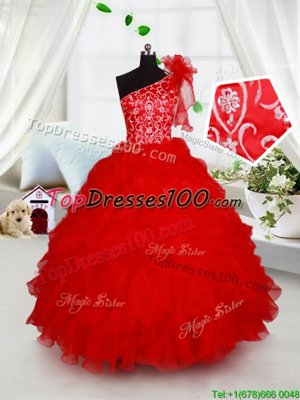 Cheap Red One Shoulder Neckline Beading and Ruffles and Hand Made Flower Party Dress Sleeveless Lace Up