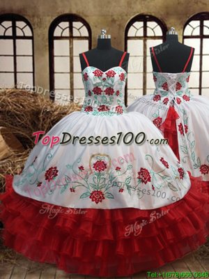 Fashion White and Red Spaghetti Straps Neckline Embroidery and Ruffled Layers Flower Girl Dresses for Less Sleeveless Lace Up