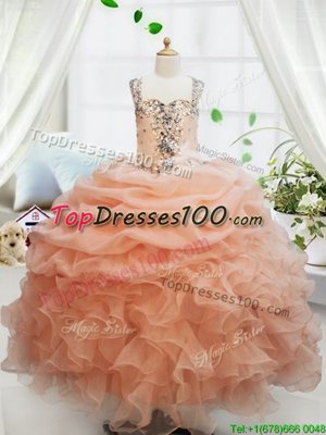 Stunning Straps Straps Floor Length Orange Little Girls Pageant Dress Organza Sleeveless Beading and Ruffles and Pick Ups
