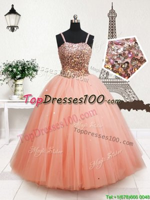 Custom Designed Peach Tulle Zipper Straps Sleeveless Floor Length Little Girls Pageant Gowns Beading and Sequins