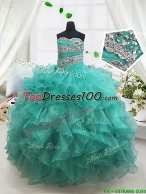 Turquoise Lace Up Teens Party Dress Beading and Ruffles Sleeveless Floor Length