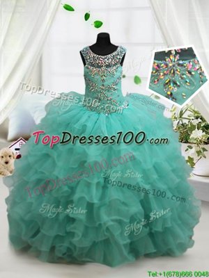 Scoop Ruffled Floor Length Ball Gowns Sleeveless Turquoise Flower Girl Dress Lace Up