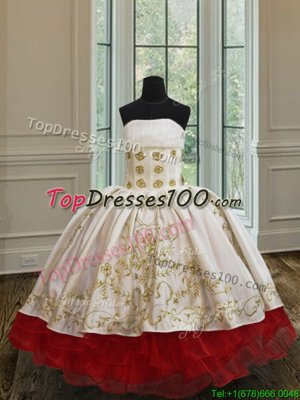 Exceptional Ruffled Ball Gowns Toddler Flower Girl Dress White and Red Strapless Organza and Taffeta Sleeveless Floor Length Lace Up