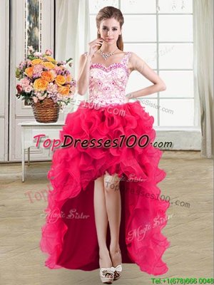 Best Hot Pink Lace Up Straps Beading and Lace and Ruffles Prom Party Dress Organza Sleeveless