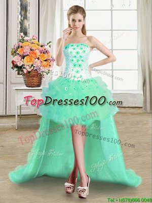 Classical Tulle Sleeveless High Low Prom Gown and Beading and Appliques and Ruffles