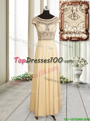 Scoop Floor Length Empire Cap Sleeves Champagne Dress for Prom Zipper
