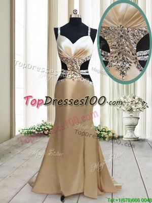 Mermaid Straps Straps Criss Cross Champagne Sleeveless Sweep Train Beading Dress for Prom