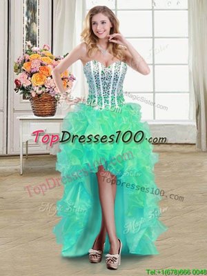 Best Selling Turquoise Lace Up Homecoming Dresses Beading and Ruffles Sleeveless High Low