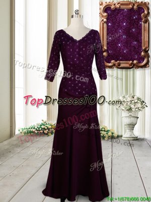 Dark Purple Neckline Beading and Lace and Hand Made Flower Evening Dress Half Sleeves Zipper