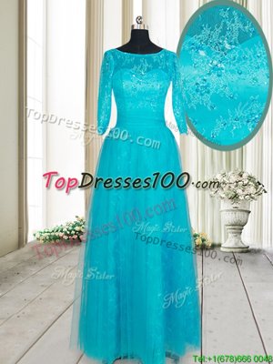 Free and Easy Scoop Teal Zipper Evening Dress Beading and Lace and Appliques Half Sleeves Floor Length