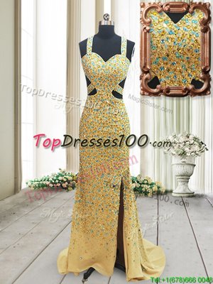 Brush Train Column/Sheath Prom Party Dress Gold Straps Chiffon Sleeveless Backless