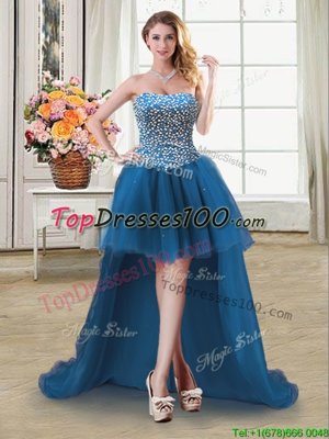 Inexpensive Teal Sleeveless Tulle Lace Up Celebrity Prom Dress for Prom and Party
