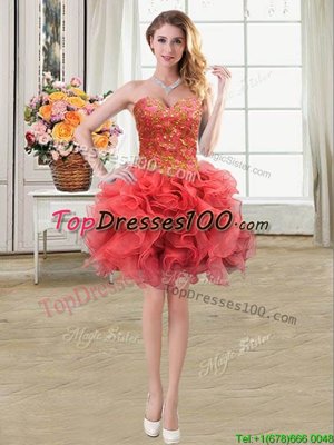 Coral Red Organza Lace Up Sweetheart Sleeveless Mini Length Teens Party Dress Beading and Ruffles