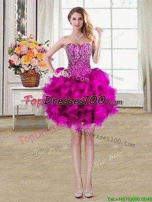 Pretty Fuchsia Sleeveless Mini Length Beading and Ruffles Lace Up Party Dress for Toddlers