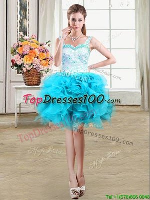 Ball Gowns Cocktail Dress Baby Blue Straps Organza Sleeveless Mini Length Lace Up