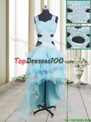 Shining Ruffled A-line Prom Evening Gown Aqua Blue Straps Organza Sleeveless High Low Criss Cross