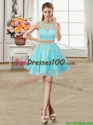 Popular Scoop Mini Length Zipper Teens Party Dress Aqua Blue and In for Prom and Party with Beading