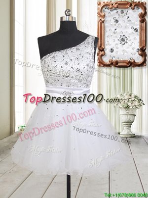 Amazing White Zipper One Shoulder Beading Teens Party Dress Tulle Sleeveless