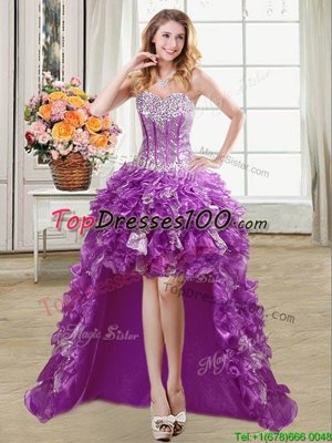 Sequins A-line Homecoming Gowns Purple Sweetheart Organza Sleeveless High Low Lace Up
