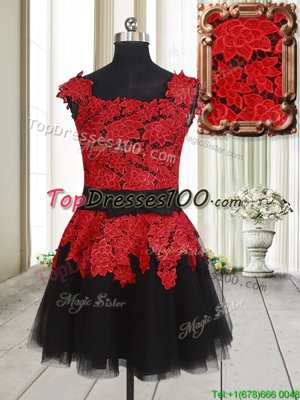 Glorious Square Red And Black Tulle Zipper Club Wear Sleeveless Mini Length Appliques