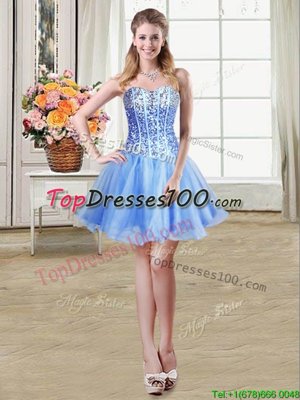Blue Organza Lace Up Casual Dresses Sleeveless Mini Length Sequins