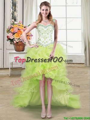 Captivating Straps Straps Yellow Green Organza Lace Up Junior Homecoming Dress Sleeveless High Low Beading and Ruffles
