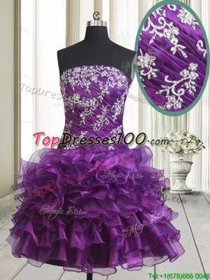 Traditional Purple Sleeveless Beading and Ruffled Layers Mini Length Cocktail Dresses