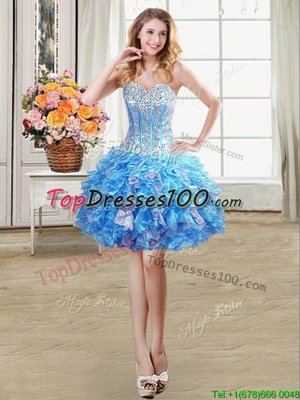 Affordable Sleeveless Organza Mini Length Lace Up Party Dress for Toddlers in Baby Blue for with Beading and Ruffles and Sequins
