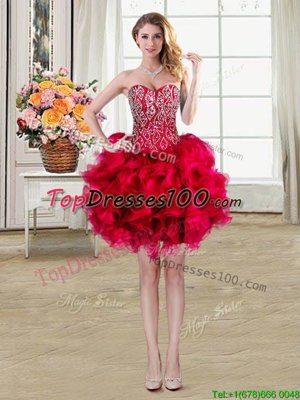 Spectacular Red Sleeveless Mini Length Beading and Ruffles Lace Up Cocktail Dresses