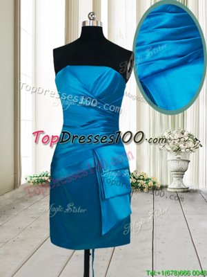 Strapless Sleeveless Club Wear Mini Length Ruching Teal Satin