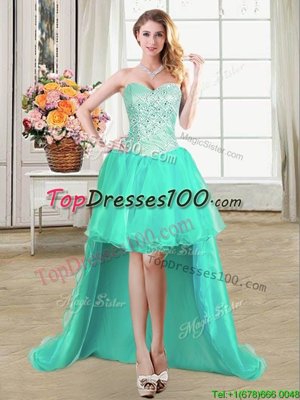 Sleeveless High Low Beading and Ruffles and Pick Ups Lace Up Prom Evening Gown with Turquoise